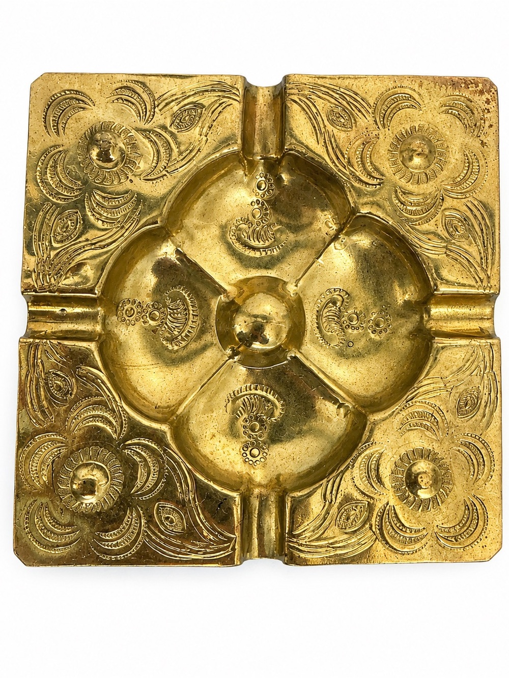 Vintage Brass Square Ashtray Floral Engraved Boho Trinket Dish